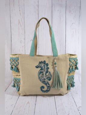 SEAHORSE EMBROIDERED JUTE FRINGE PANEL
TOTE BAG